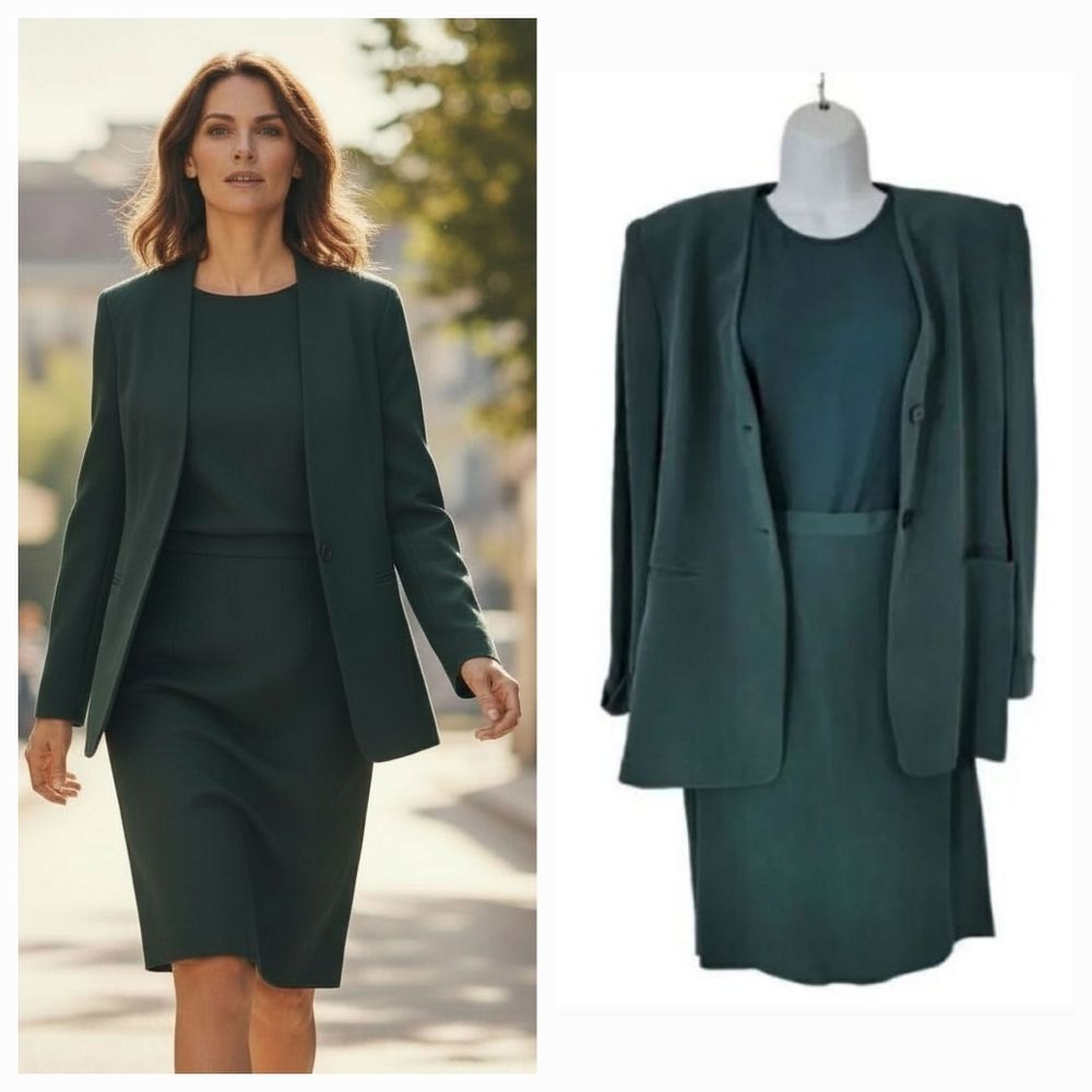 NEW Vintage Y2K Jones New York 3 PC Monochrome 100% Silk Skirt Suit Niagara Teal